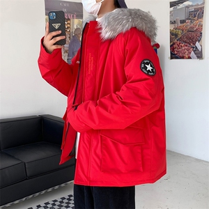 数据款现货连帽大毛领刺绣大口袋情侣学生中长款加厚白鸭绒羽绒服图片