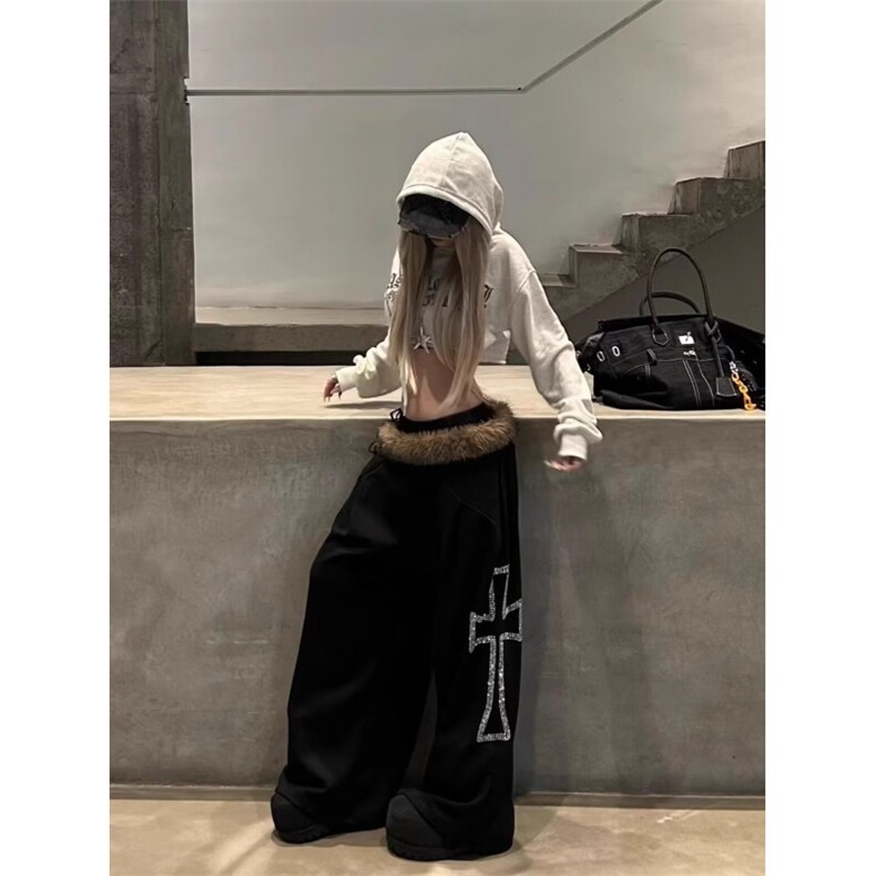美式高街高腰阔腿裤黑色裤子女2025秋季新款毛领卫裤休闲裤长裤子,男装休闲裤,四季星座505