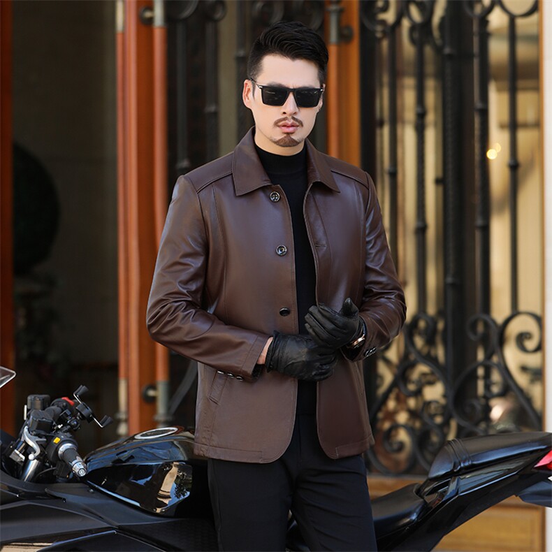 秋季新款男士皮衣绵羊皮外套单排扣商务休闲男装爸爸装翻领春，男装皮衣，电商B360