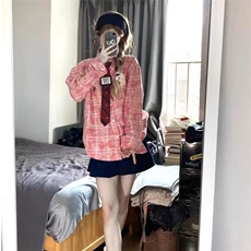 DB252-P55美式蝴蝶刺绣格子衬衫长袖男女宽松情侣衬衣-网图现货，男装衬衫，星座603-2
