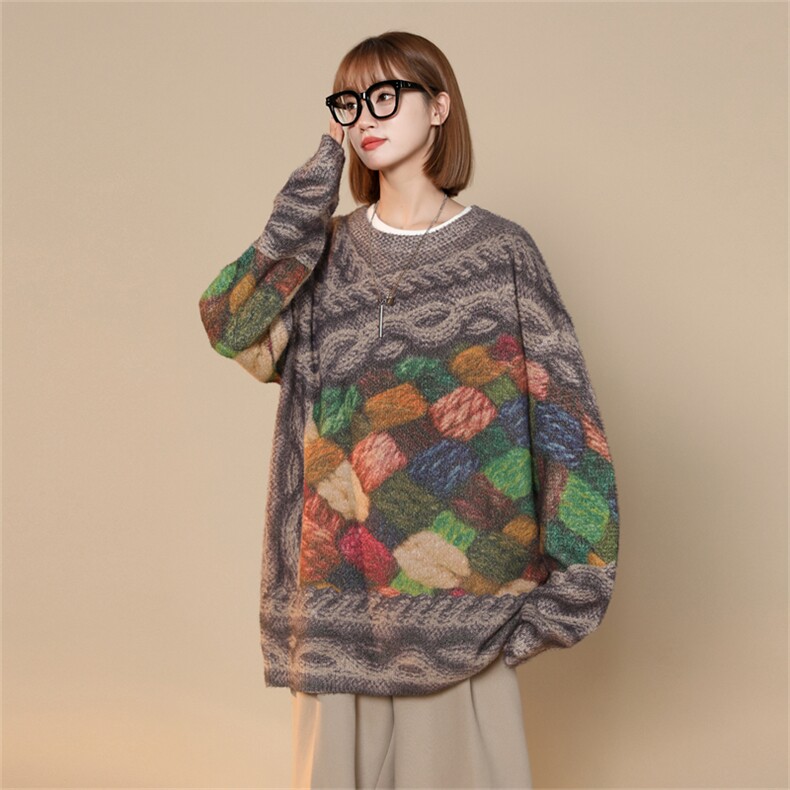 M6130/P75秋冬中性风工艺立体印花针织衫外套毛衣男女大松线衣男，女装针织衫/毛衣，电商A141