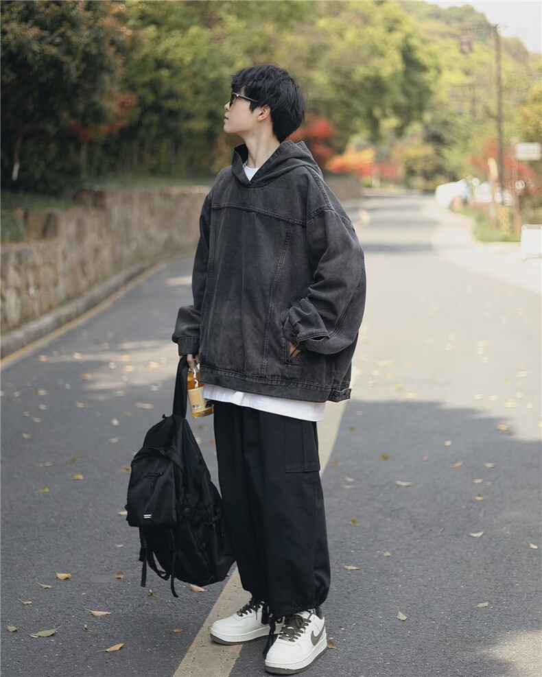 港风复古牛仔卫衣外套男连帽秋潮牌日系宽松夹克上衣服W4996-P65,男装大码男装,星座412-2