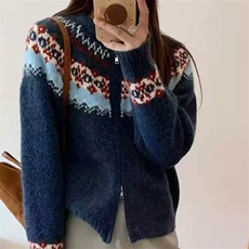 2026年秋季时尚百搭通勤简约休闲提花双拉链开衫，女装针织衫/毛衣，萱芳婷羊绒