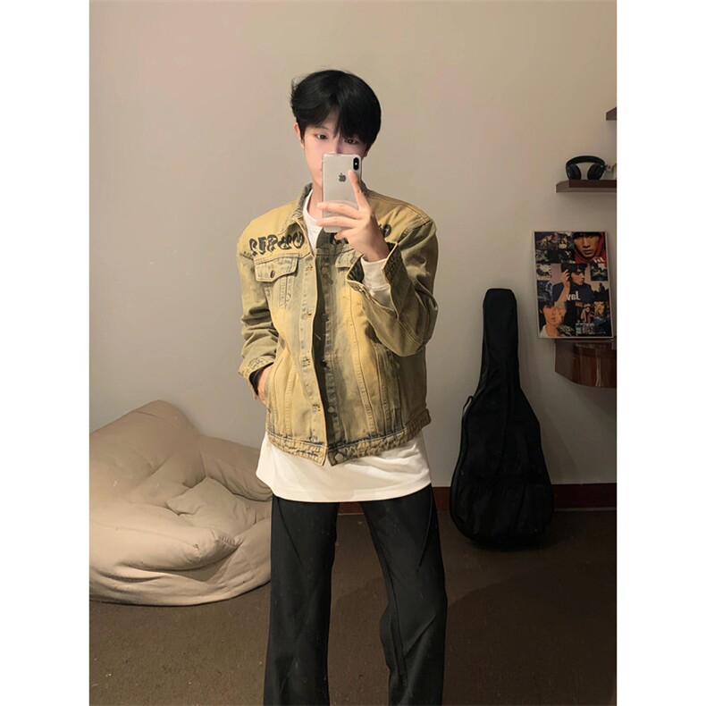 春秋新款高街黄泥染复古做旧牛仔外套男梵文设计工装夹克JH49,男装夹克,星座1116A（原606A-3）
