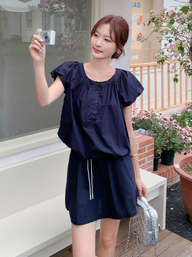藏青色时尚一整套穿搭泡泡袖上衣套装裙女2025夏新款半身裙两件套,女装套装/套裙,浙宝220