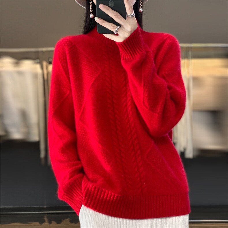 半高领加厚女秋冬款菱形扭花宽松针织毛衣打底羊绒衫,女装羊毛衫,大美人高端店