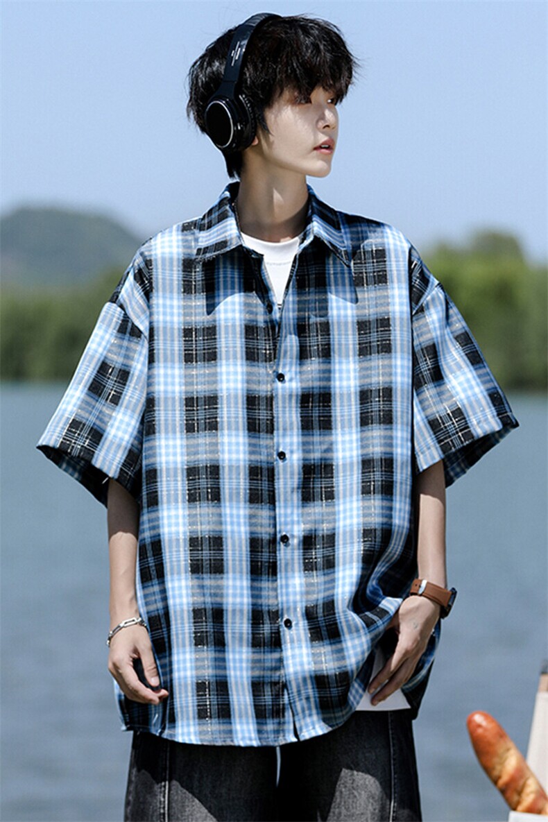 8XL-M格子短袖衬衫男夏季薄款DK制服衬衣JK学院风半袖外套DC28004,男装衬衫,电商B312