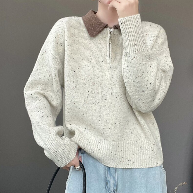 时尚百搭宽松羊毛衫简约翻领配色半拉链设计秋冬必备单品,女装羊毛衫,秋虹羊绒