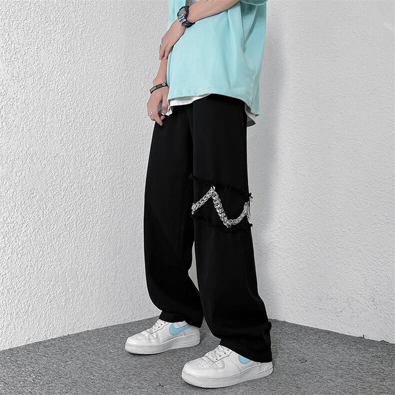 宽松抽绳亚克力黑白拼接链条长裤直筒K01338-P50图片