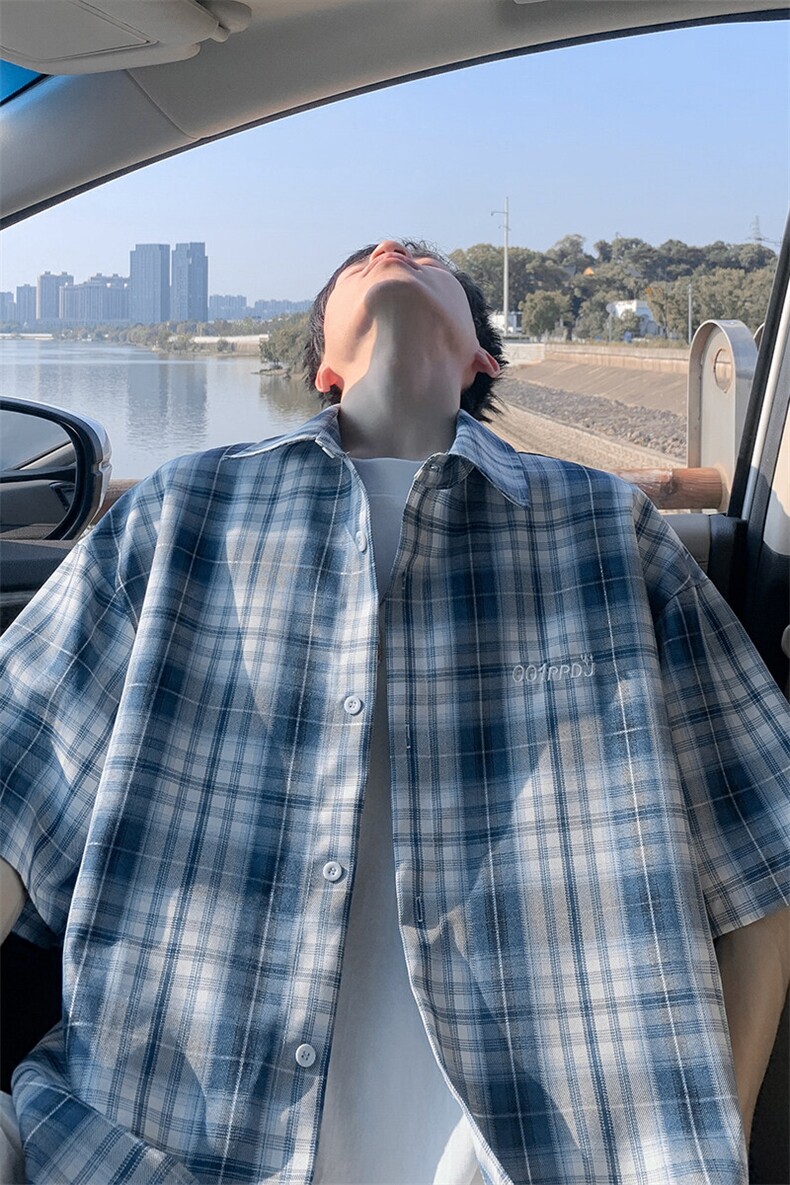 特批P30无差价夏季刺绣格子衬衫男宽松休闲短袖衬衫外套CD5512,男装衬衫,电商A001
