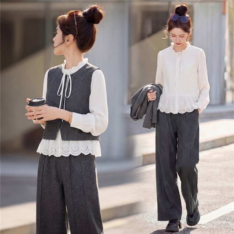 三件套女长裤居家纽扣长袖春季中高腰休闲2026年春季圆领开衫，女装套装/套裙，悦祺