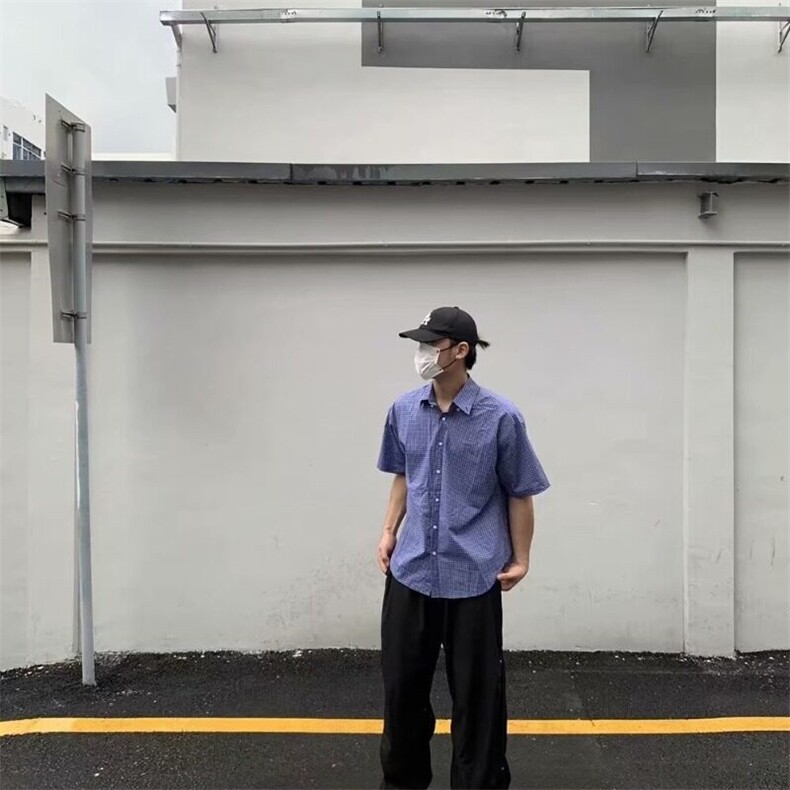 美式复古慵懒高级感蓝色格子长袖衬衫男女宽松百搭休闲刺绣衬衣潮,男装衬衫,星座506A