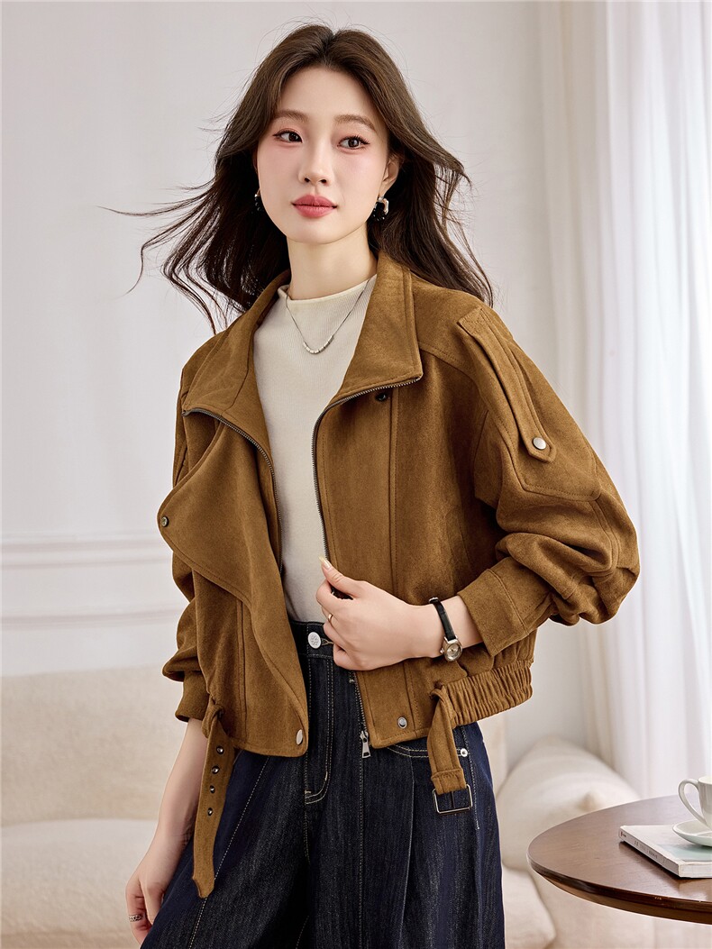 美拉德复古麂皮绒短款外套女棕色显瘦百搭小个子休闲夹克2026秋季,女装皮衣,江南女神