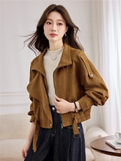 美拉德复古麂皮绒短款外套女棕色显瘦百搭小个子休闲夹克2026秋季，女装皮衣，江南女神