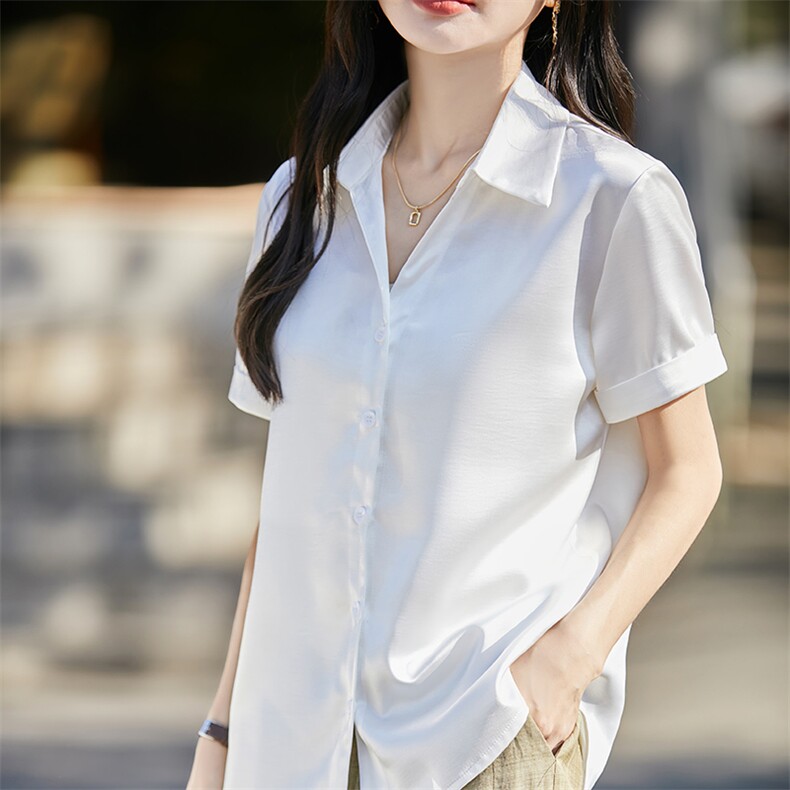 气质翻领短袖衬衫上衣职业白衬衫缎面polo领短袖开衫正肩通勤衬衣,女装T恤,佳绒高端店