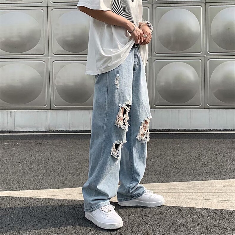破洞牛仔裤男士潮牌ins港风夏季潮流休闲宽松直筒九分裤NK899-P42,男装牛仔裤,星座1008-2