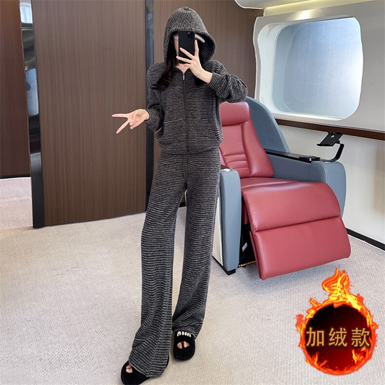 女秋冬条纹连帽外套休闲阔腿裤两件套,女装套装/套裙,江南