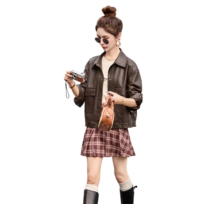 欧货棕色皮衣外套女春秋2025新款复古流行pu皮短夹克高级感小个子,女装皮衣,潮流依族