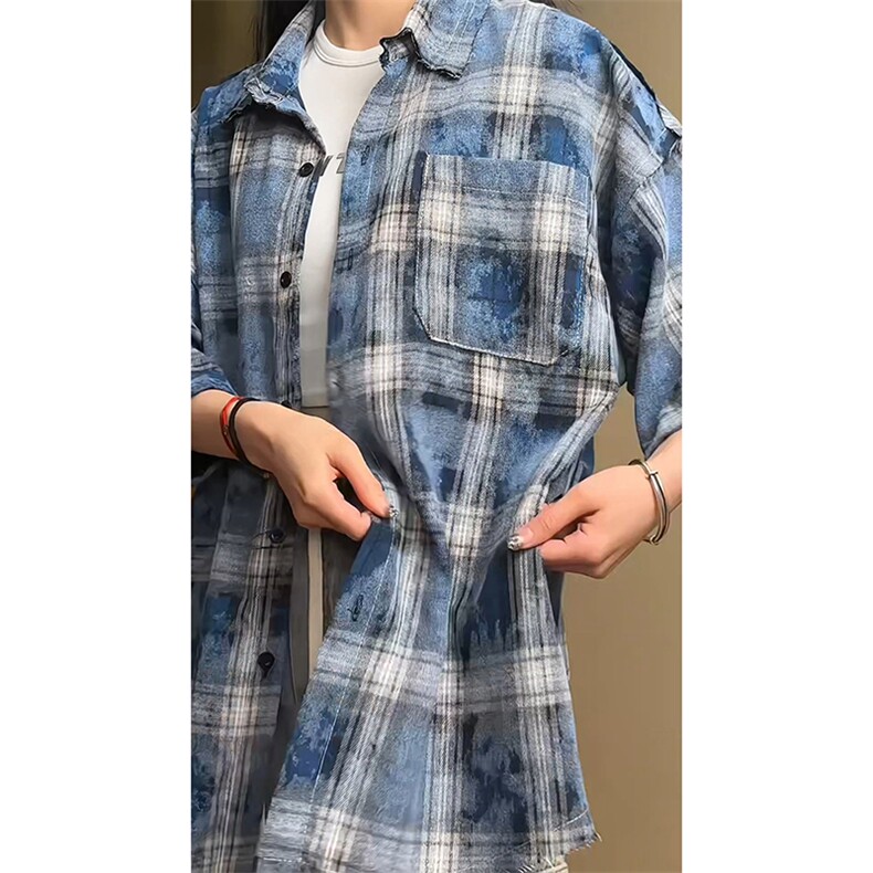 现货 夏季宽松复古磨毛扎染格子短袖毛边衬衫 C16-特P38 控68图片