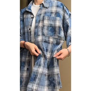 现货 夏季宽松复古磨毛扎染格子短袖毛边衬衫 C16-特P38 控68图片
