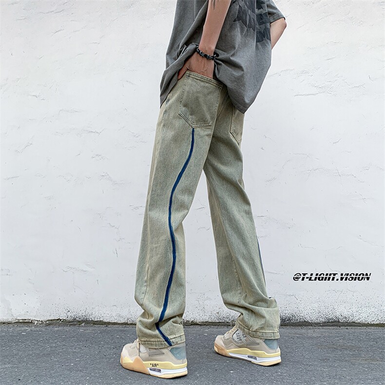 B221美式ins高街暗黑小众毛边破洞直筒牛仔裤LK23104-P65控88，男装牛仔裤，电商B221