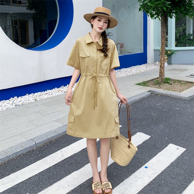 48H发现货抽绳翻领韩版工装连衣裙，女装连衣裙，MQ