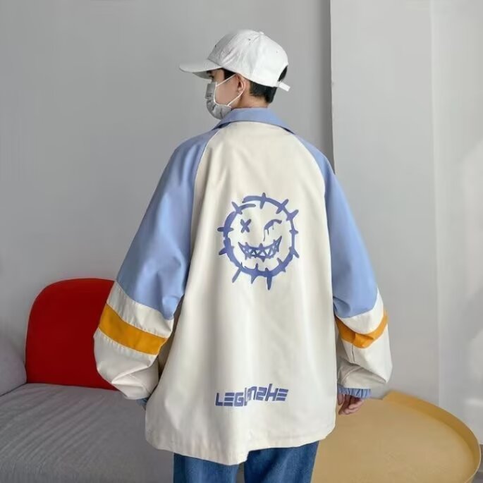港风休闲拼接撞色笑脸印花痞帅衬衫男长袖百搭秋季青少年嘻哈上衣,男装夹克,星座1210-1
