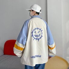 港风休闲拼接撞色笑脸印花痞帅衬衫男长袖百搭秋季青少年嘻哈上衣，男装夹克，星座1210-1