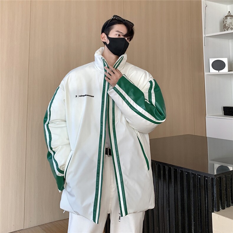 23冬季新款PU皮拼接棉服男款外套潮牌美式情侣运动棉衣D334P128,男装棉衣,电商A335-1（原A458）