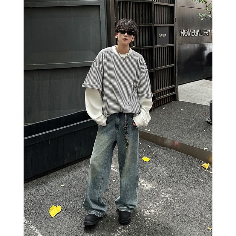 高级感新款男装假两件时尚ins氛围感条纹长袖T恤圆领男女WE12/P48,男装T恤,星座506