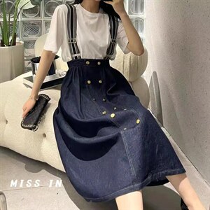 【现货】前面双排扣宽背带牛仔背带裙图片
