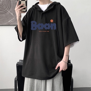 LD54406-P45NASA 连帽短袖t恤男大码胖子带帽五分袖中袖图片