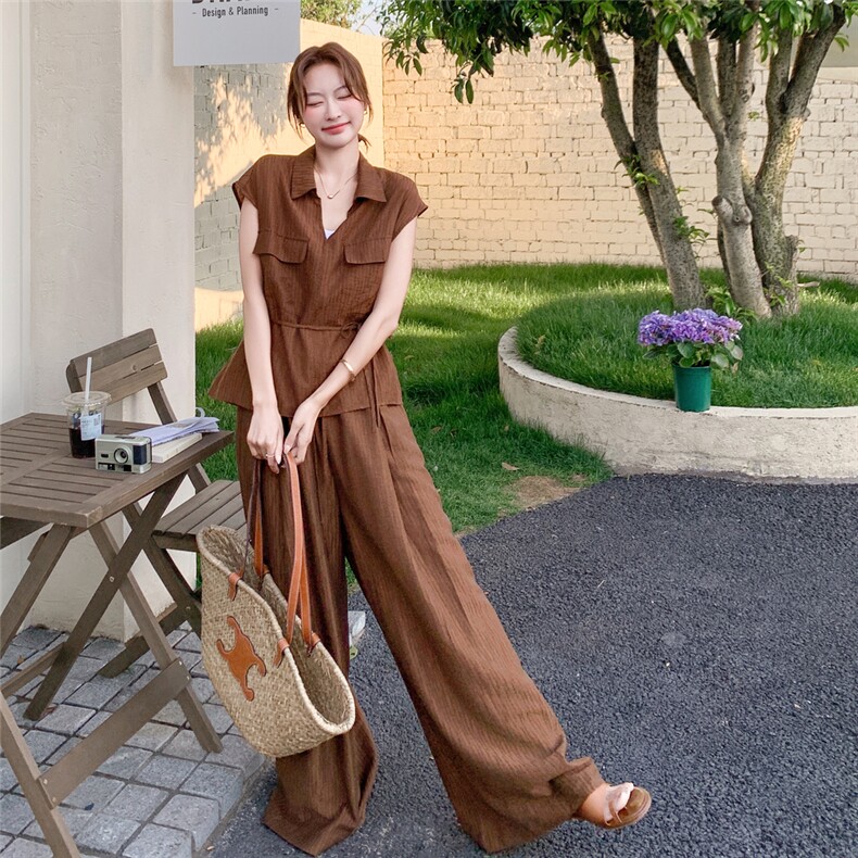 高级小众穿搭老钱风棕色Polo领无袖女超火好看衬衫阔腿裤两件套装,女装套装/套裙,2C317