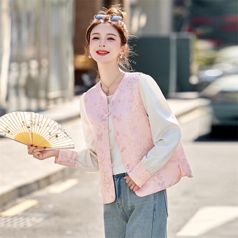 2025春季新款新中式国风刺绣缎面马甲高级感袖口拼接衬衫两件套女，女装套装/套裙，辉煌依升