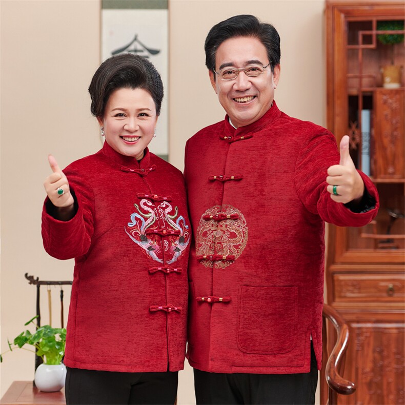 中老年唐装男女情侣装过寿生日爷爷奶奶婚礼服老人秋冬装加绒外套,男装中老年男装,钱塘723