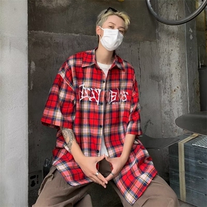 格子短袖衬衫男士潮牌2024新款夏季宽松日系衬衣高级感C106-P35图片