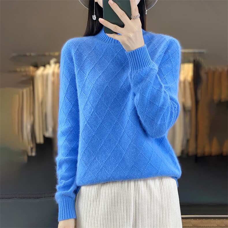 半高领100%纯羊毛衫女秋冬款菱形提花长袖毛衣宽松羊绒衫针织打底，女装羊毛衫，犀桦羊绒