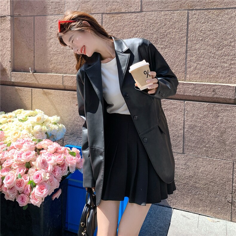 减龄机车服黑色西装皮衣外套女春秋2025新款百搭流行爆款PU皮夹克,女装西装,2C012