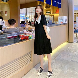 雪纺连衣裙2021新款夏季中长款百褶裙黑色韩版减龄连衣裙女图片