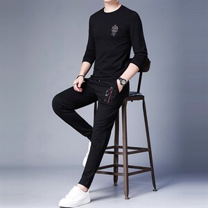 中年男休闲运动套装2023秋季刺绣潮流T恤两件套百搭时尚卫衣套装图片