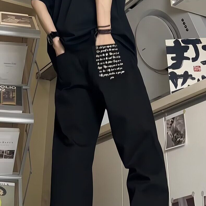 网络图 刺绣黑色牛仔裤男裤脚廓形宽松休闲直筒牛仔裤 A2323-P50图片