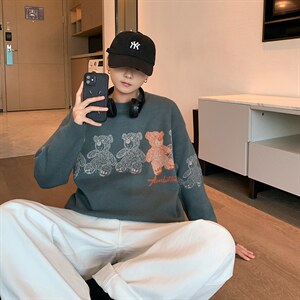 M3113-P68秋冬圆领毛衣小熊男针织衫学生宽松潮大码上衣外套控88,男装针织衫/毛衣,电商A009A（原A058A）