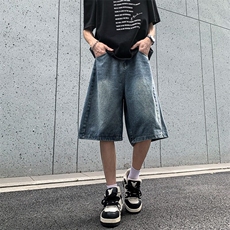 美式弯刀牛仔短裤男女夏潮牌百搭阔腿中裤高街五分裤子RK2847-P41，男装牛仔裤，星座412-2