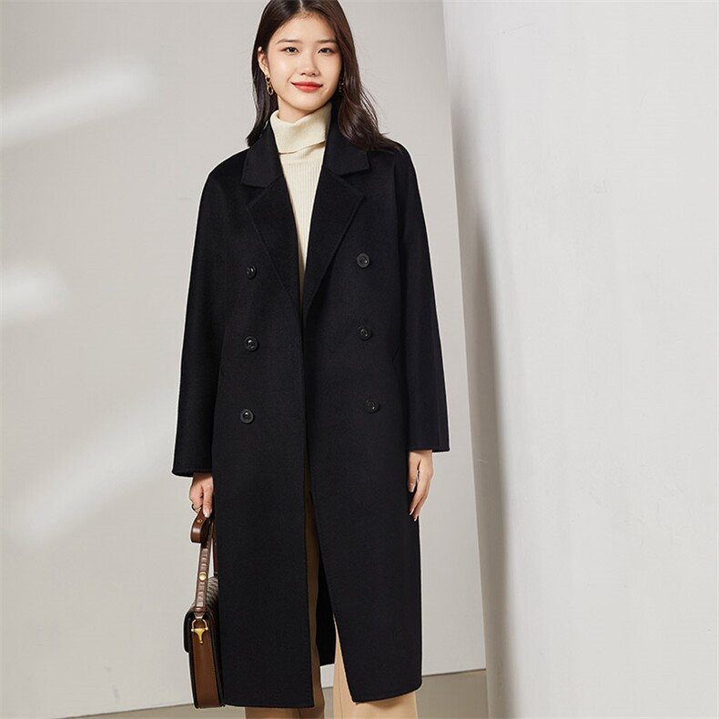 双排扣长款大衣2024年秋冬季新款羊毛双面呢羊绒大衣，女装双面呢大衣，织美生
