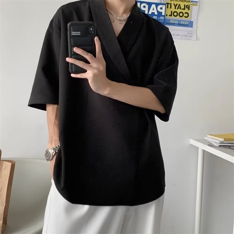 T02-P32夏季V领垂坠感短袖衬衫男潮牌慵懒风高级感港风宽松,男装T恤,电商B323A