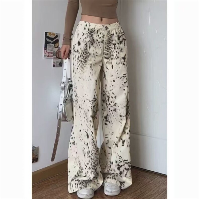 1506A/G18500/P44美式复古豹纹阔腿牛仔裤女薄款高街设计感宽松高图片