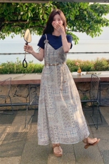 复古波西米亚慵懒风印花连衣裙套装女2025夏新款短袖吊带裙两件套，女装连衣裙，2C166