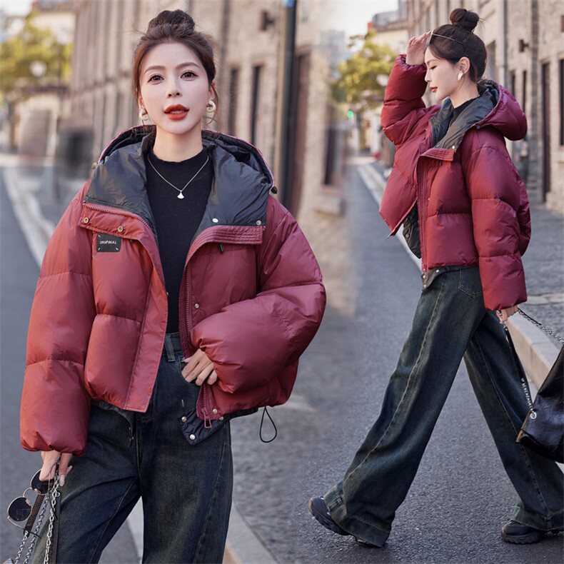 2024新款冬季韩版时尚90%拼色连帽加厚短款羽绒服外套,女装羽绒服,瑶迪依秀