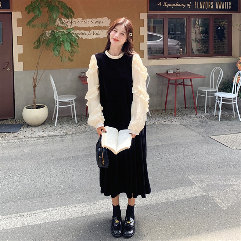 法式木耳边撞色丝绒连衣裙女2024早秋新款千金设计感长袖小黑裙子,女装连衣裙,2C108