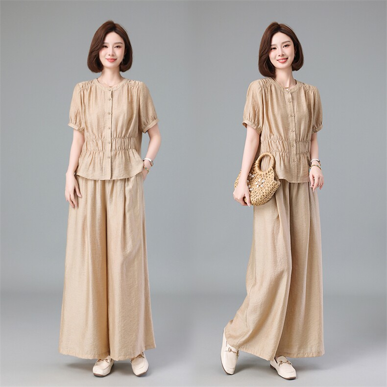妈妈减龄天丝套装女2025夏季新款高级感休闲阔腿裤纯色亚麻两件套，女装套装/套裙，深水步